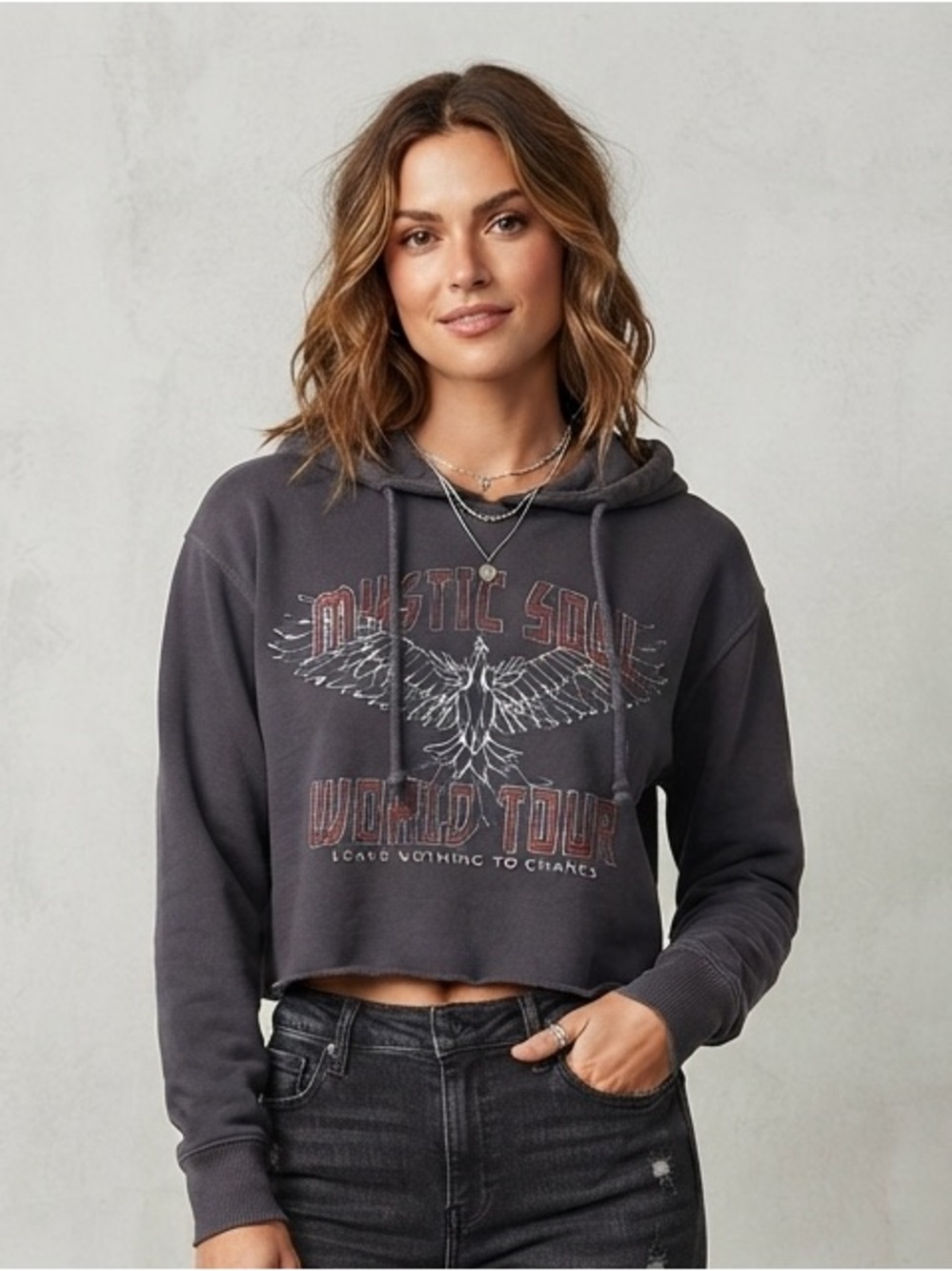 Hollister Mystic Soul World Tour Graphic Cropped Grey Hoodie Size XS